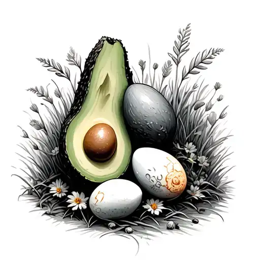 Avcado And Eggs Amidst A Field