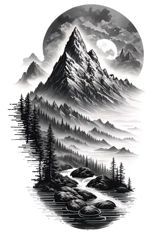 Microchip Circuit Infused In Sawtooth Mountain And River