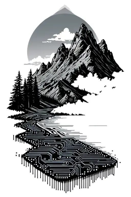Microchip Circuit Infused In Sawtooth Mountain And River