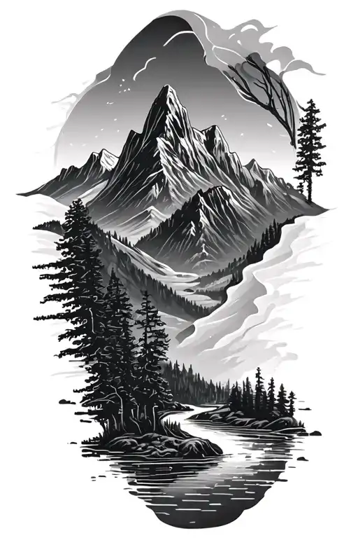 Microchip Circuit Infused In Sawtooth Mountain And River