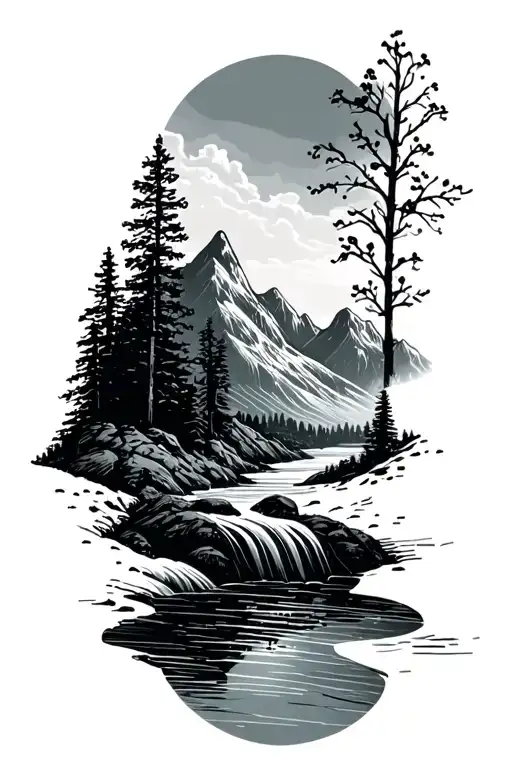 Microchip Circuit Infused In Sawtooth Mountain And River