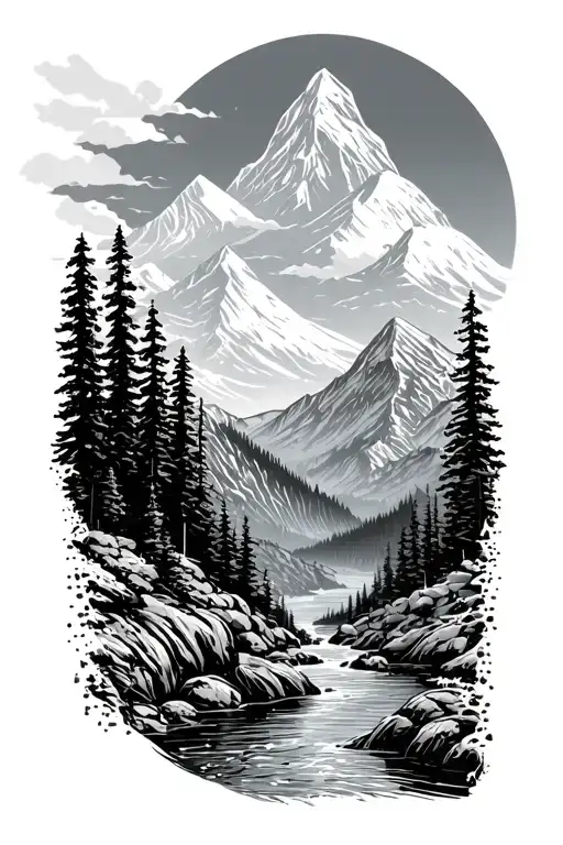 Microchip Circuit Infused In Sawtooth Mountain And River