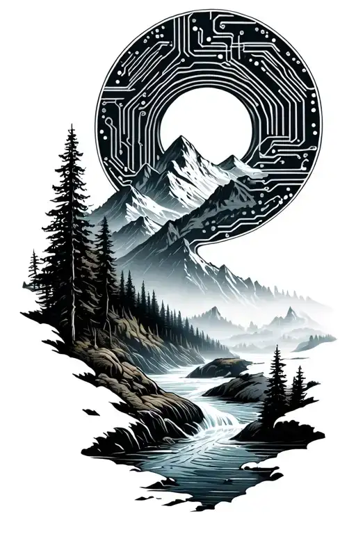 Microchip Circuit Infused In Sawtooth Mountain And River