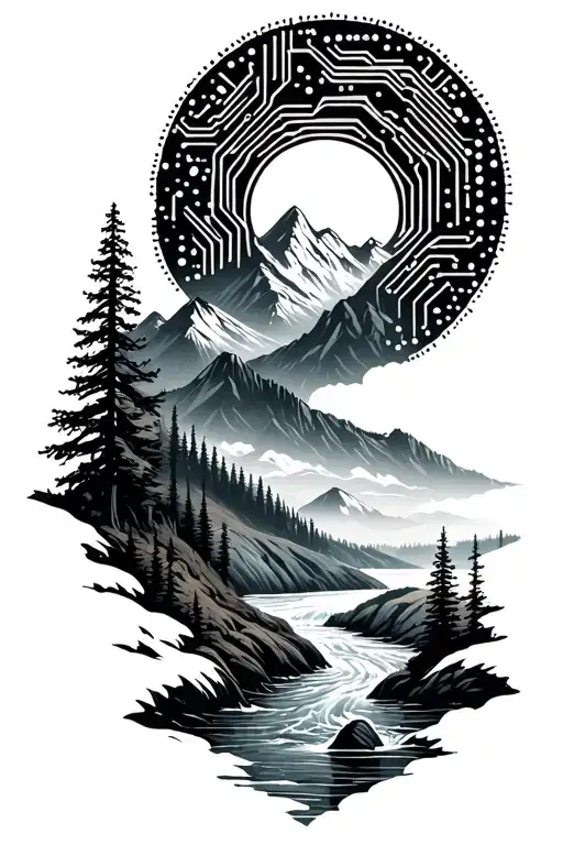 Microchip Circuit Infused In Sawtooth Mountain And River