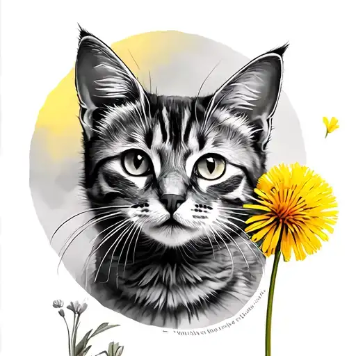 Yellow Dandelion Flower And Tabby Cat