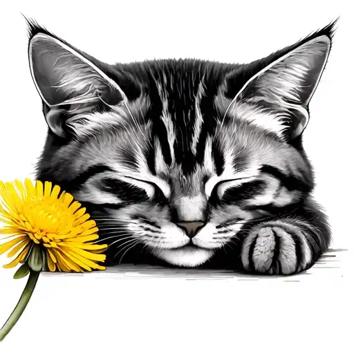 Yellow Dandelion Flower And Tabby Cat Sleeping