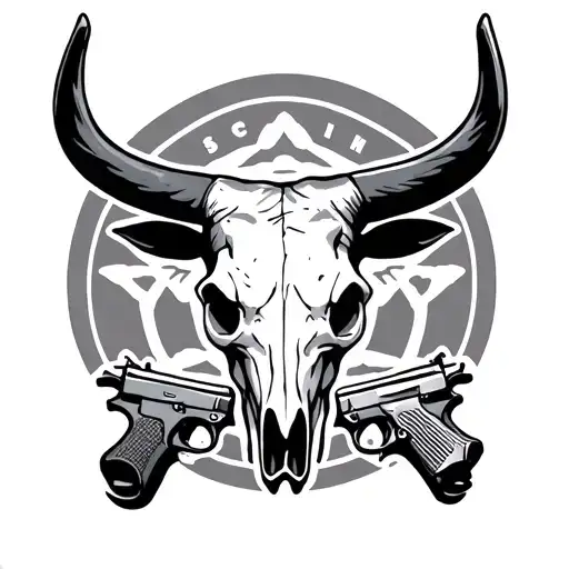 A Bull Skull With 2 Pistols Under It In A Circle Crest Made Out Of Pacific Designs