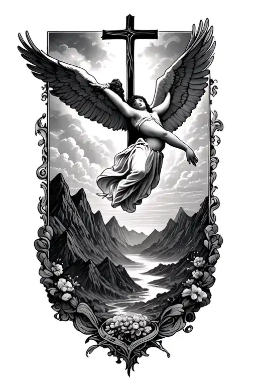 Angel Falling From The Sky With Mountains And A Cross