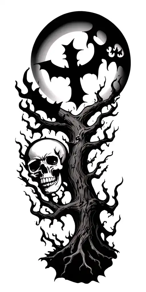 Bats Trees Skulls Flames The Eart Moon Crosses Horizontally A Scar With A Eye