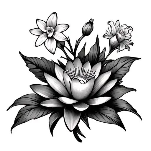 2 Larkspur Flowers With 1 Water Lily Intertwined With A Marigold Flower And A Daffodil