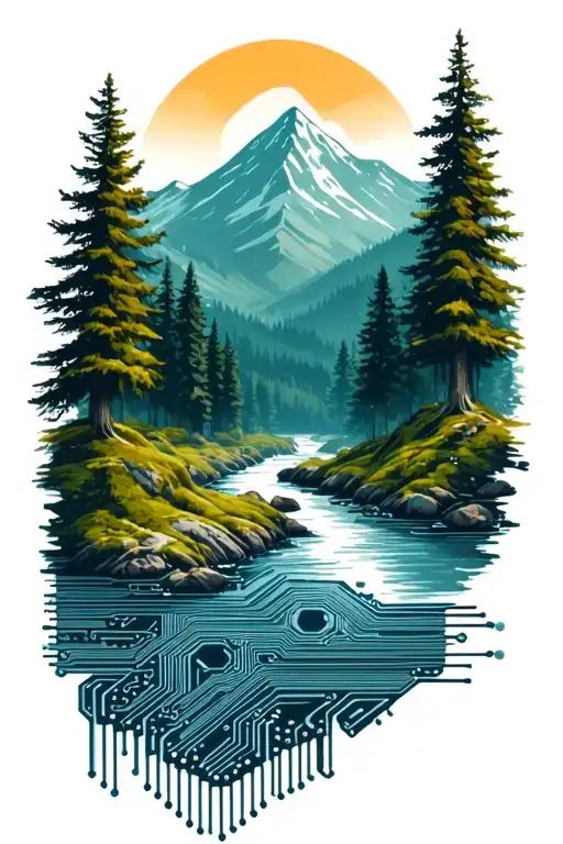 Microchip Circuit Infused With Forest With River Flowing And Mountain In Background