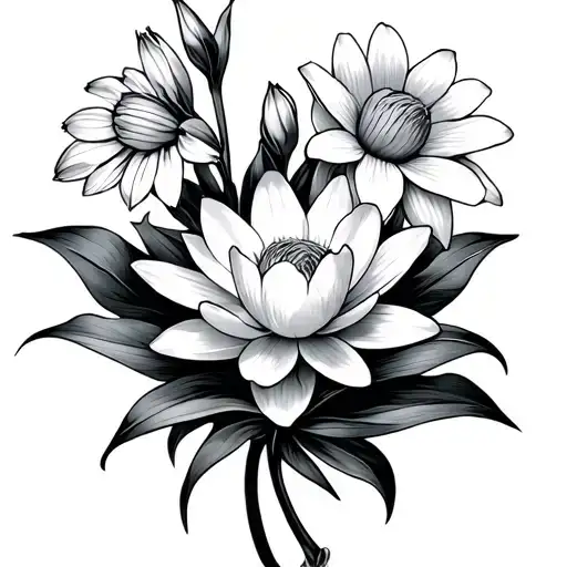 2 Larkspur Flowers With 1 Water Lily Intertwined With 1 Marigold Flower And 1 Daffodil Simple