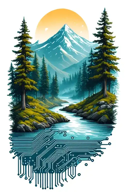 Microchip Circuit Infused With Forest With River Flowing And Mountain In Background
