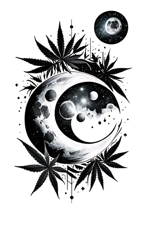 Sun And Moon Vertically Aligned With Galaxies And Marijuana Leaves On Background