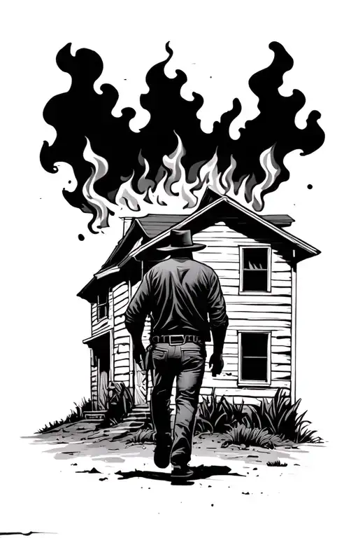 Cowboy Walking Away From Old Life With House Burning Behind Tattoo idea