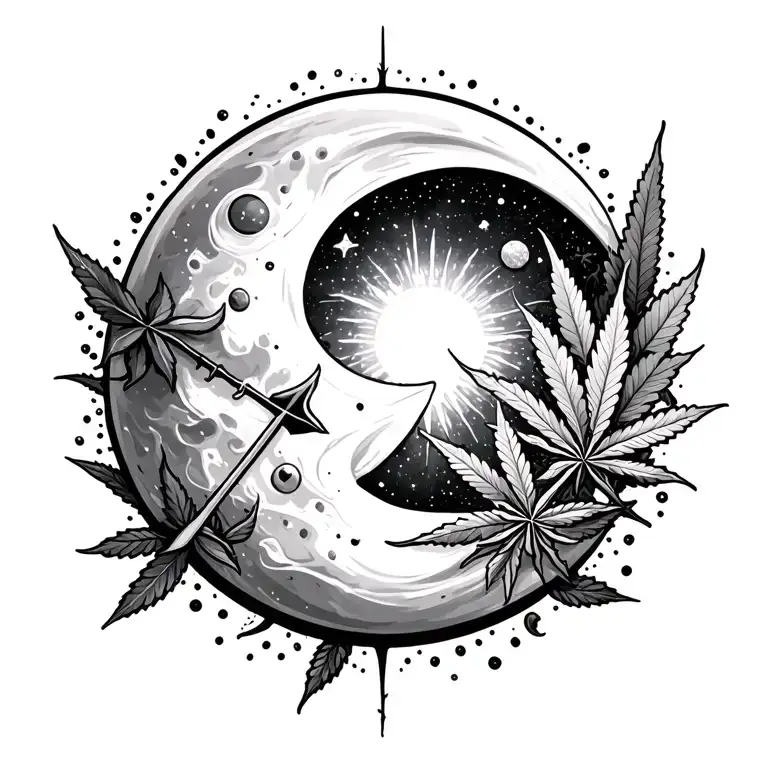 Sun And Moon Arrow With Galaxies And Marijuana Leaves On Background