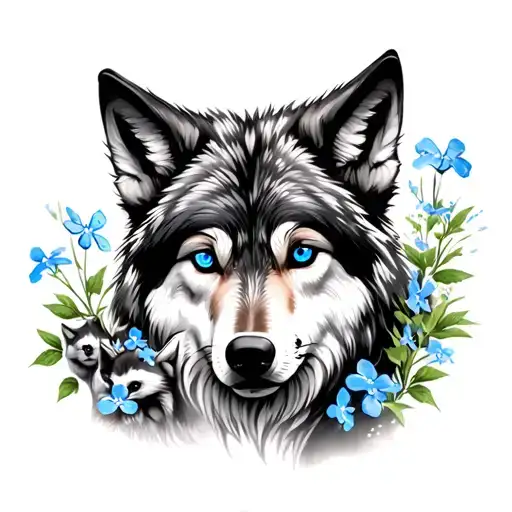 Wolf With Blue Eyes Of Two Wolf Cubs And Forget -Me -Nots