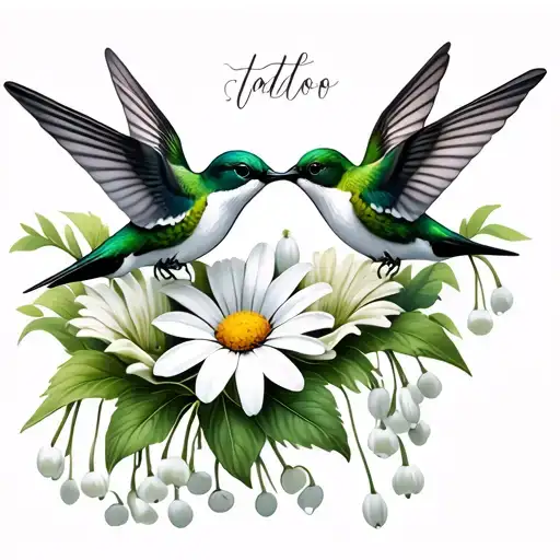 2 Hummingbirds Around Lily Of The Valley And Daisy