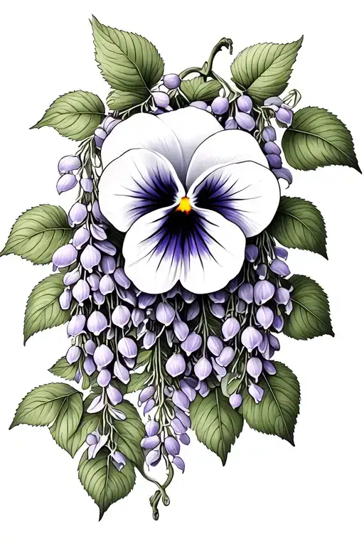 Wisteria Flowers Hanging And Drooping Down To Frame A Single Pansy Flower In The Centre