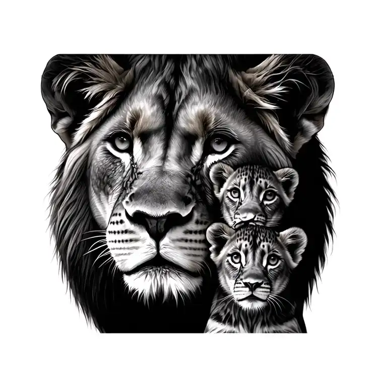 Lioness And Two Cubs Face Only