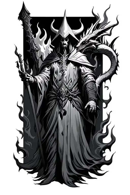 Dark Mage With Flames And Dragons