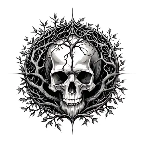 Back Tattoo With Scull In The Middle And Tree Of Life Around It