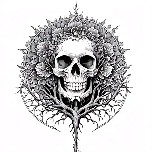 Back Tattoo With Scull In The Middle And Tree Of Life Around It Soft With Mandala