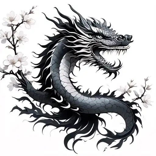 Feminine Chinese Dragon With Cherry Blossoms
