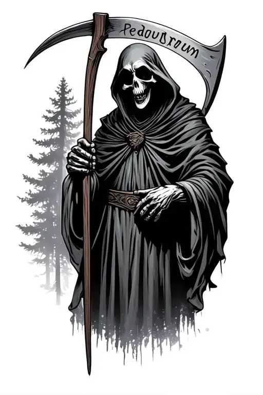 Grim Reaper Holding A Scythe With Redrum Written On It And Forest Background