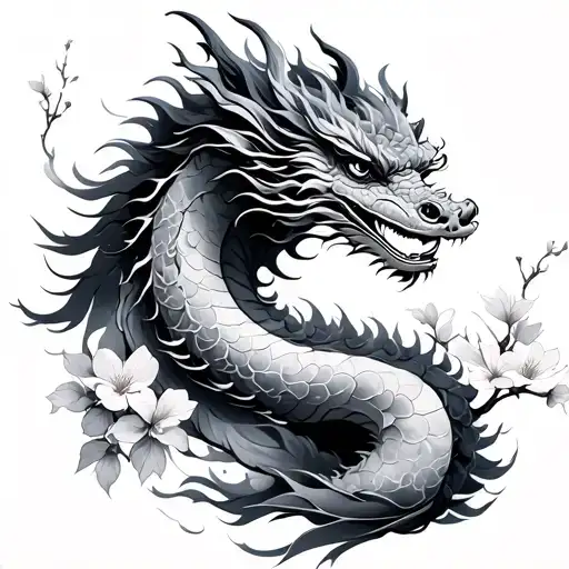 Feminine Chinese Dragon With Cherry Blossoms