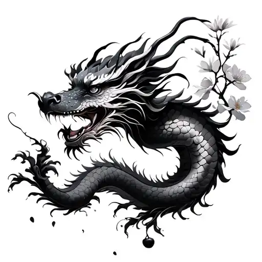Feminine Chinese Dragon With Cherry Blossoms Pedals Falling
