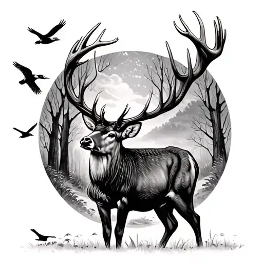 Whitetail Buck Standing In Woods With Ducks Flying Over