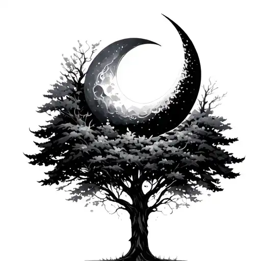 Crescent Moon Surrounded By A Tree Intertwined