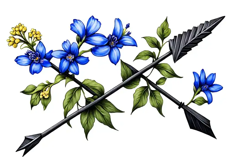 Two Arrows Facing The Same Direction With Bluebell And Wattle Flowers