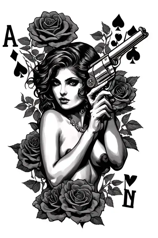 Dia De Los Murtos Topless Woman In Roses Holding A Gun And The Ace Of Spades