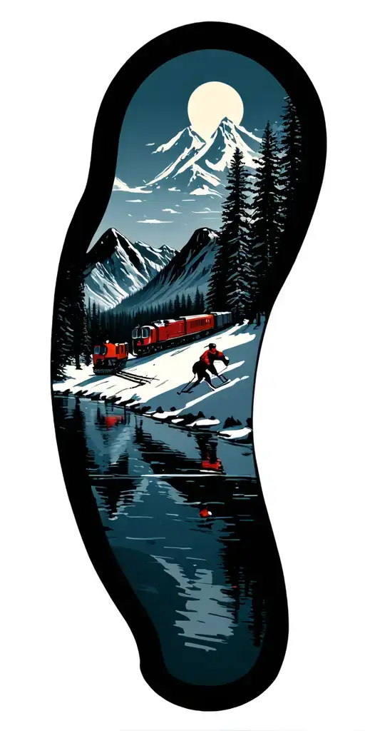 Pond Hockey With Mountains And Trains