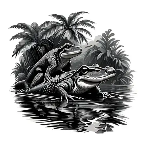 Jungle River Scene With Crocodile Monkey And Poison Dart Frog