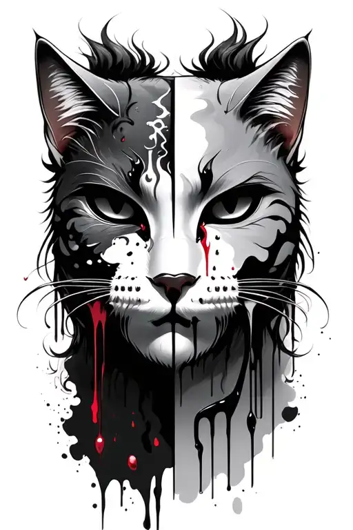 Noh Mask With Blood Tears Half With Cat