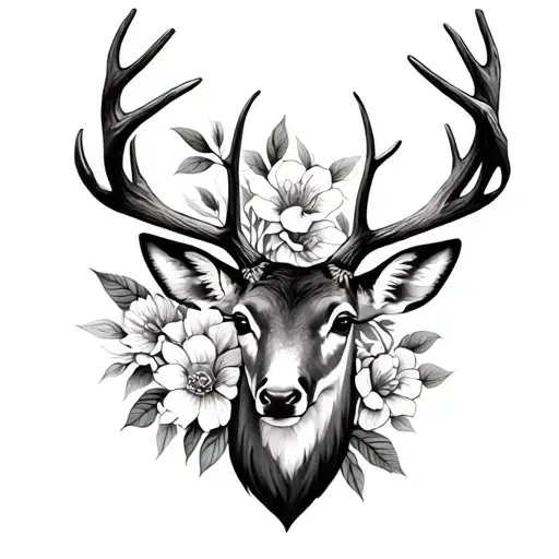 Deer With Antlers And Some Flowers