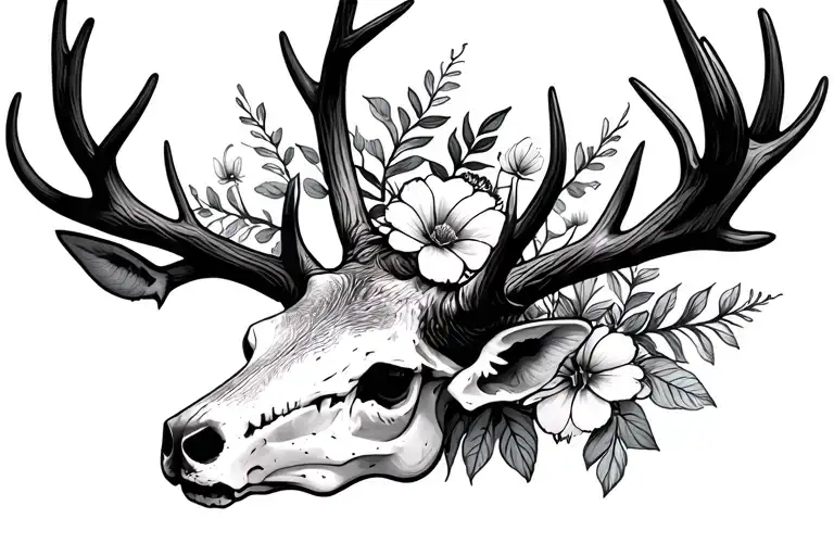 Deer Skull With Antlers And Some Flowers