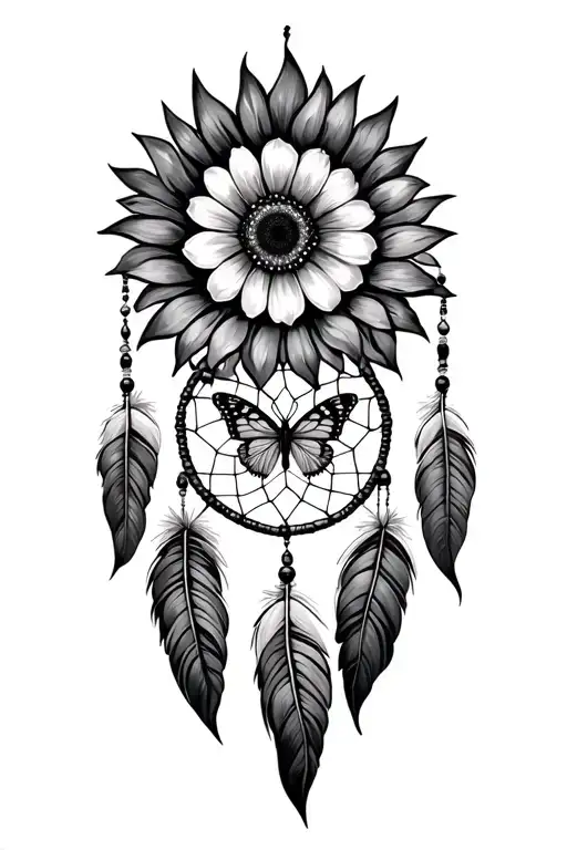 A Dream Catcher With A Butterfly In The Middle And Sun Flower At The Top Left Corner