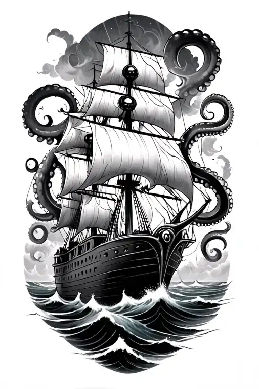Octopus Destroying Ship Sailing Through Stormy Seas Tattoo idea