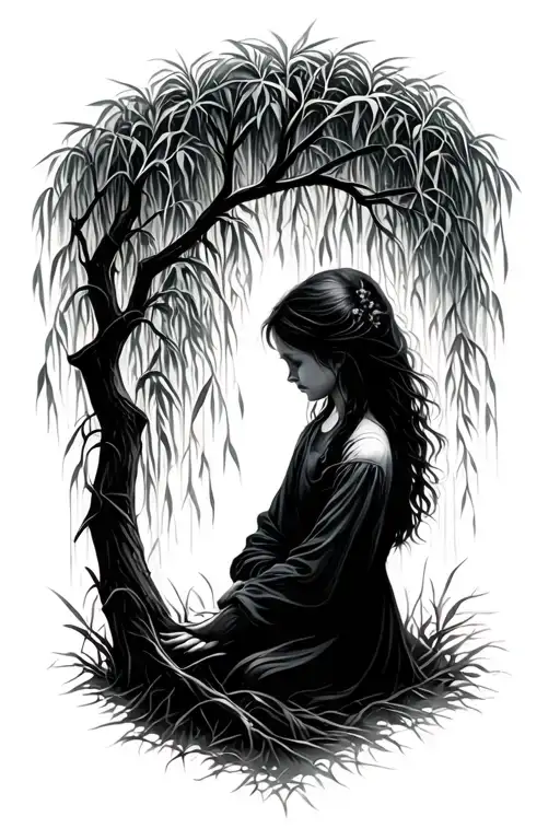 Weeping Willow Cradeling Young Girl In A Dark Setting Growing Towards Light