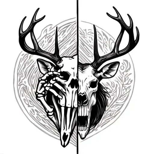 Skeleton Hand On Half With Deer Skull And Antlers On Other Half Split Diagonally
