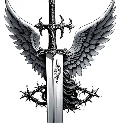 Angel Wings With Sword And Crown Of Thorns Above