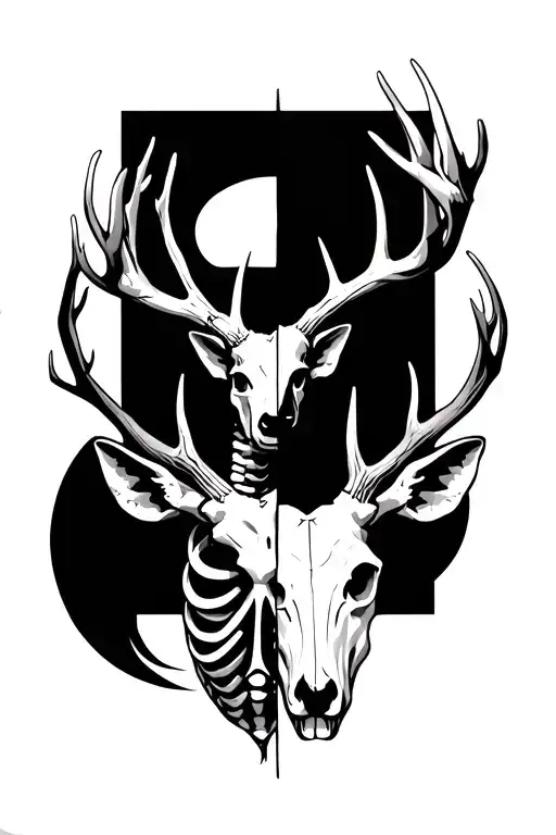 Skeleton On Half With Deer Skull And Antlers On Other Half Split Diagonally
