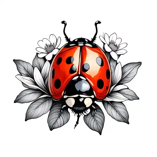 Ladybug In Color On Stem With Flowers Tattoo idea