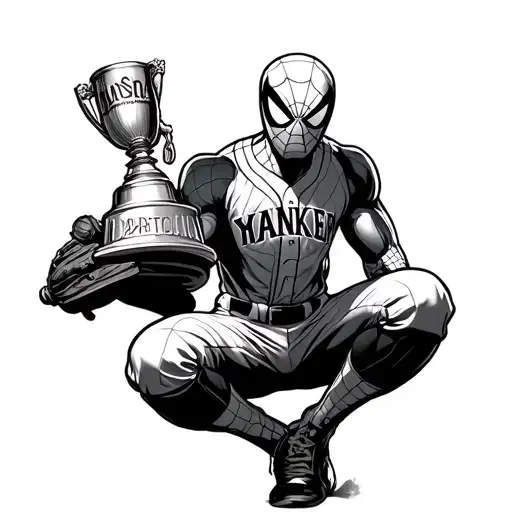 Spiderman In Yankee Uniform With Mlb World Series Trophy