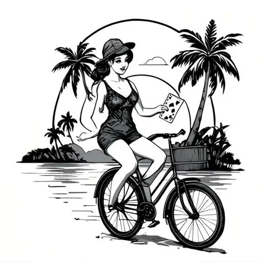 Strip With Palm Trees And Sunset In Background With Girl On Bike Holding Playing Cards