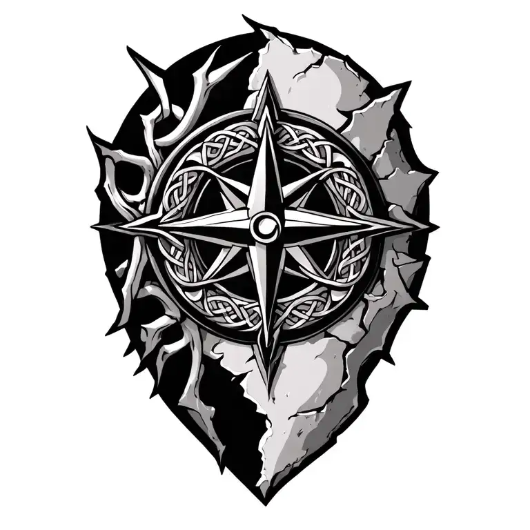 Celtic Compass With Knot Intertwined With Torn Skin Effect For Shoulder And Trap